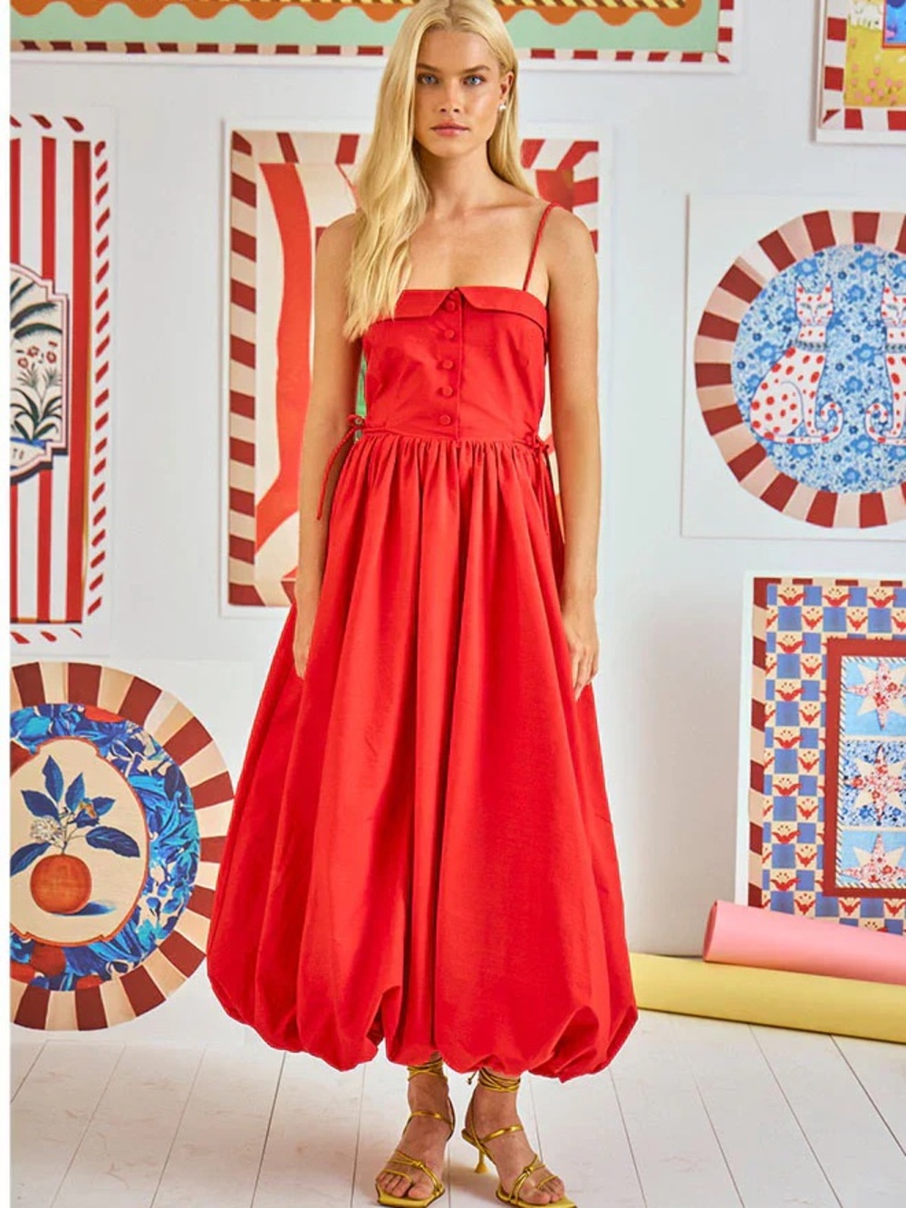 Hunter Bell Taryn Dress size 0 Red Spaghetti-Strap Balloon Hem Maxi Dress